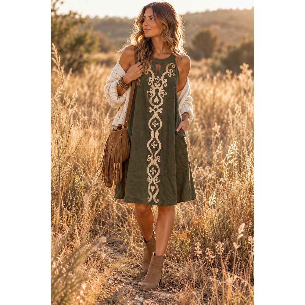 THML Olive Green Embroidered Sleeveless Shift Dress Boho Folk Size Large